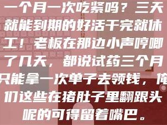 赤壁一个月一次吃紧吗？三天就能到期的好活干完就休工！老板在那边小声哼唧了几天，都说试药三个月只能拿一次单子去领钱，俺们这些在猪肚子里翻跟头呢的可得留着嘴巴。